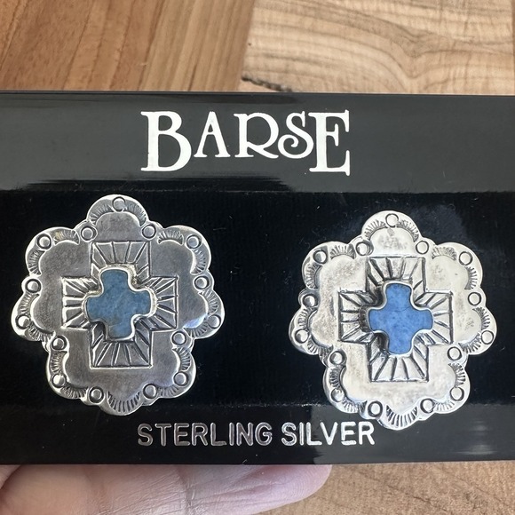 Barse Jewelry - Vintage Barse Clip Earrings 1 Inch Blue‎ Sodalite Cross Inlay 925 Sterling 9.4g